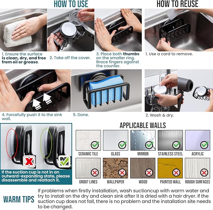 TAILI Sink Caddy with Strong Suction Cup, Sponge Holder - Image 7