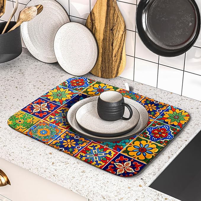 Mexican Tiles Dish Drying Mat for Kitchen Counter Absorbent Microfiber Dish - Image 5