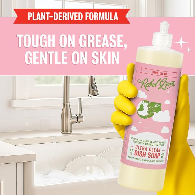 Rebel Green Ultra Clean Dish Soap, Plant-Derived Dishwashing Soap | Liquid Dish Soap for Grease and Tough Messes, No Harsh Chemicals, Pink Lilac Scent, 16 fl oz, 2 Pack