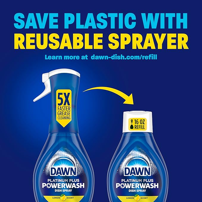 Dawn Powerwash Dish Soap Spray + 3 Dishwashing Liquid Refills Lemon, 4*16oz | Instantly breaks down 99% of residue. No water needed. Overnight soak power in minutes. Reusable sprayer.