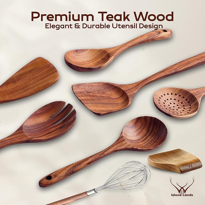 8 Pcs Teak Wooden Utensil Set – Premium Wooden Cooking Utensils Set, Natural - Image 2