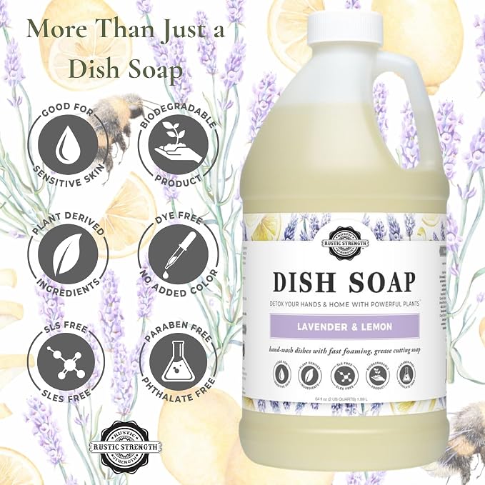 Rustic Strength Natural Dish Soap, Lavender and Lemon, 64 oz Plastic | Plant-Based Formula,Cuts Grease,No Harsh Residue,Streak Free Clean Rinsing
