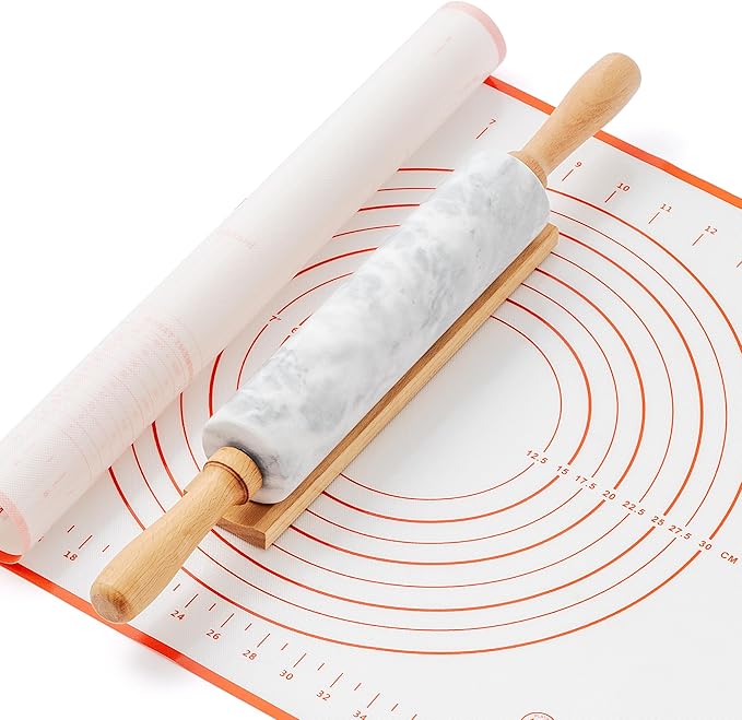 Marble Rolling Pin with Non-Stick Silicone Mat & Wood Base, 16.9-Inch Heavy by WORHE
