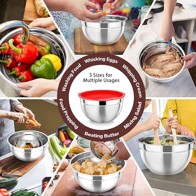 P&P CHEF Red Mixing Bowls with Lids, Stainless Steel Salad Nesting Bowl - Image 4