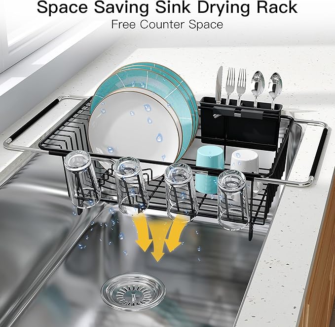 Dish Drying Rack Over the Sink In Stainless Steel Black Expandable Drainer - Image 6