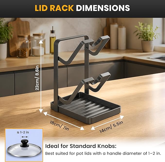 Pot Lid Holder with Removable Drip Tray, Kitchen Pot Lid Storage Rack - Image 2