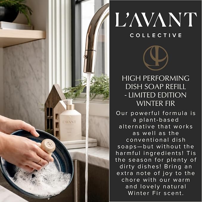 L'AVANT Collective Natural Luxury Dish Soap Refill, Winter Fir, 32 Fl Oz | Plant-based grease-cutting formula, gentle on hands, Winter Fir scent, glass bottle refill, non-toxic, cruelty-free, 32 fl oz