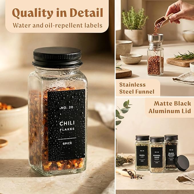 EDELHAUS Glass Spice Jars with Label and Black Aluminium Lids Spice Containers - Image 8
