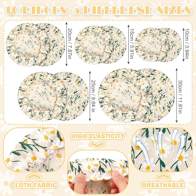 Patelai 10 Pcs Bowl Covers Reusable in 5 Size Stretch Cloth Fabric Elastic Food - Image 6