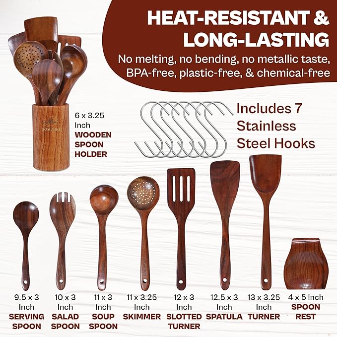 9 Piece Premium Teak Wooden Cooking Utensils Set- Spoons and Spatulas - Image 3