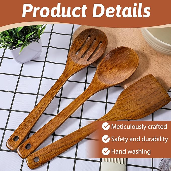 3PCS Wooden Spoons for Cooking 12 inch Non Scratch Woodens Spatulas Set - Image 4