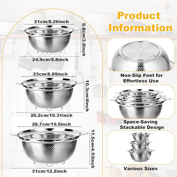 3 Pcs Stainless Steel Colander Strainer Set Metal Colander - Image 5