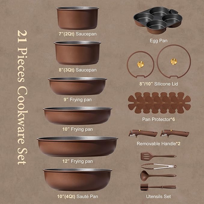 CAROTE 21pcs Pots and Pans Set, Nonstick Cookware Set Detachable Handle - Image 2