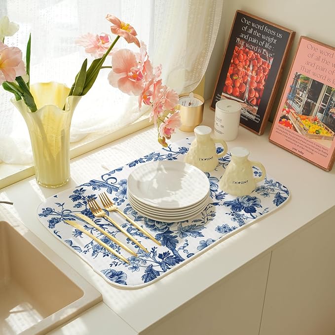 Vintage Blue Dish Drying Mat 18x24 Inch Chinoiserie Navy Blue Floral Drying Mat - Image 5