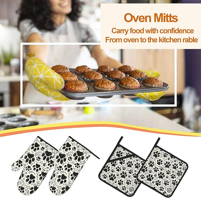 Black White Paw Oven Mitts & Potholder Set of 4 - Image 7