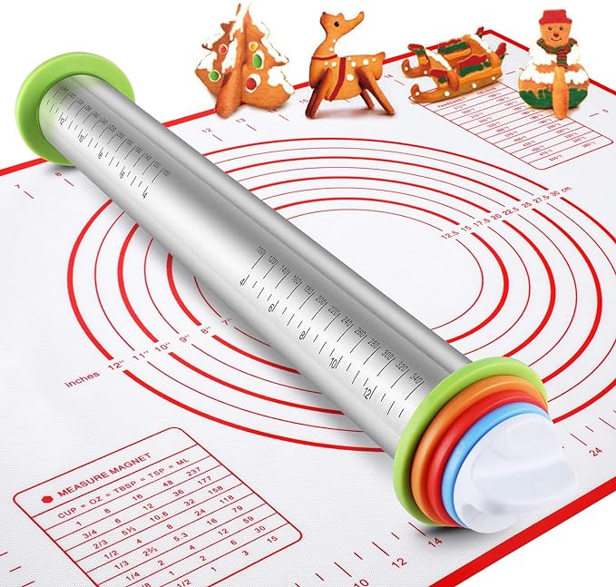 Stainless Steel Rolling Pin and Silicone Mat Set, Adjustable Thickness Rings by Vinoil