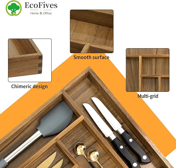 EcoFives Luxury Acacia Kitchen Drawer Organizer - Image 3