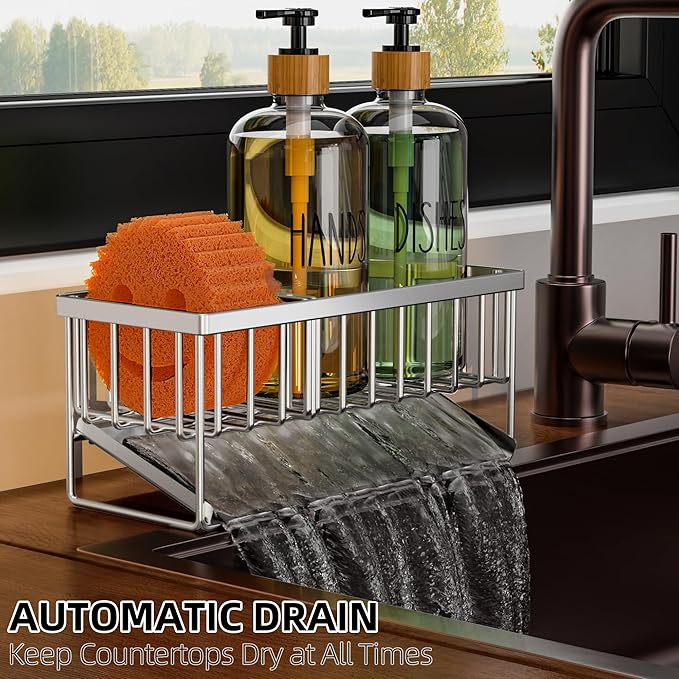 Cisily Kitchen Dish Soap Dispenser Set Stainless Steel Sponge Holder and 2 Pack - Image 8