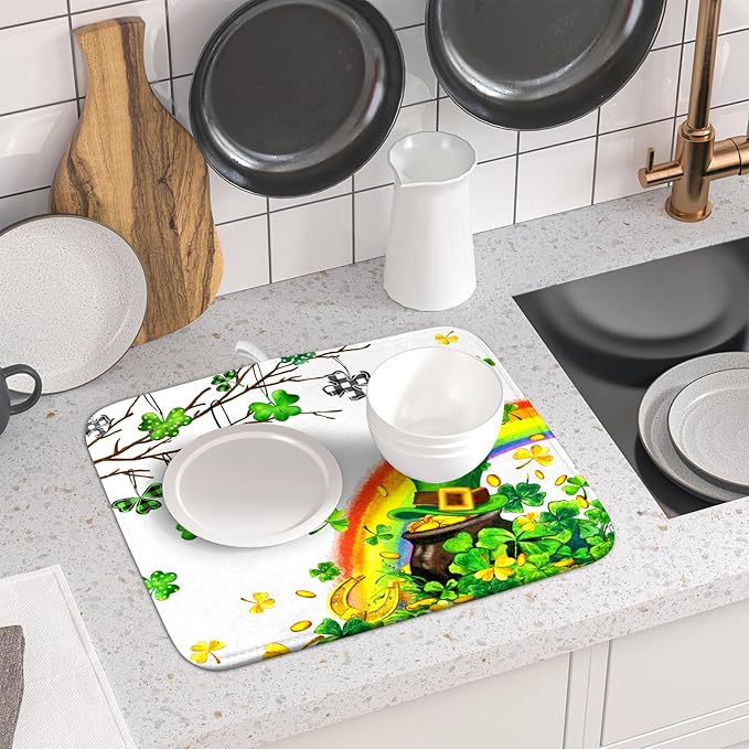 Giwawa St Patrick Dish Drying Mat Small Lucky Clover Tree Shamrock Dish Drainer - Image 6