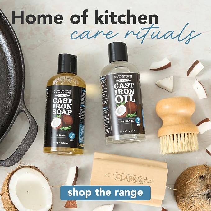 CLARK'S Cast Iron Cleaner 12 oz, Plant-Based Coconut Scented Cast Iron Soap | Cast Iron Soap for Skillets, Griddles - Protects and Restores Cookware - Made in USA