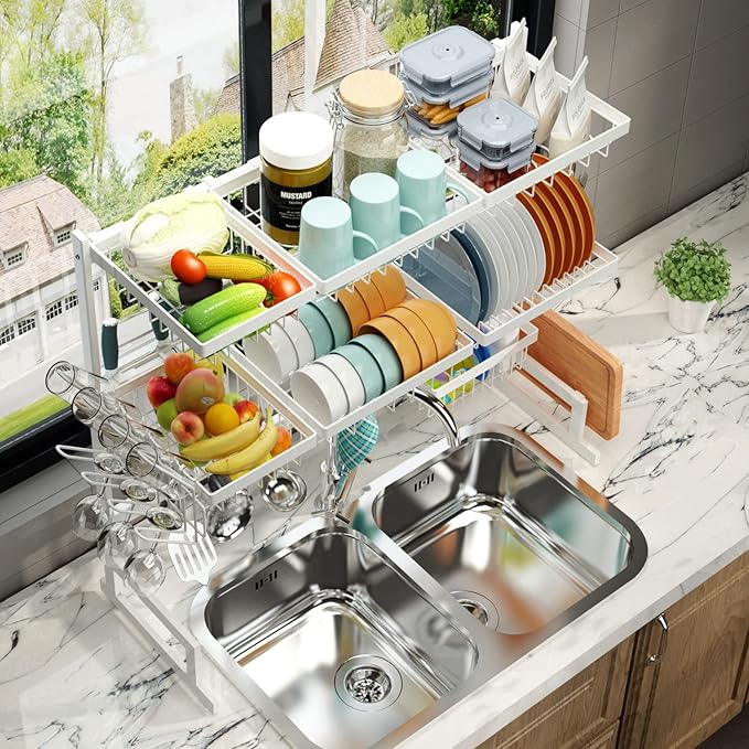 PUSDON Over Sink Dish Drying Rack Stainless Steel, Adjustable Large Dish Drainer - Image 3