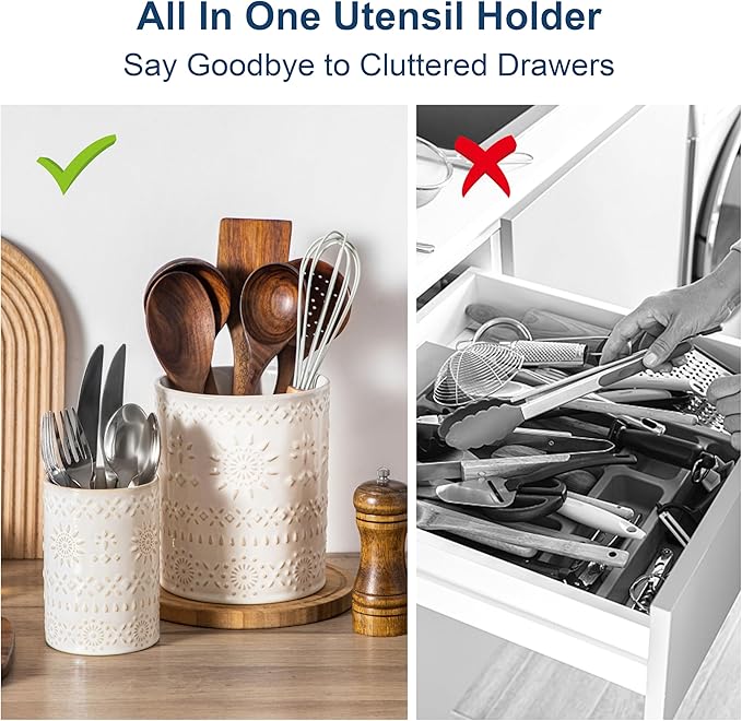 LOVECASA Utensil Holder, 7.2"+5.4" Ceramic Utensil Holder - Image 3