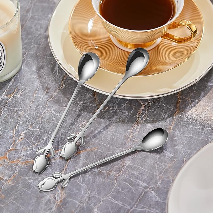 Silver Tulip/Rose Handle 12-Pcs Mini Coffee Spoons Set - Image 4