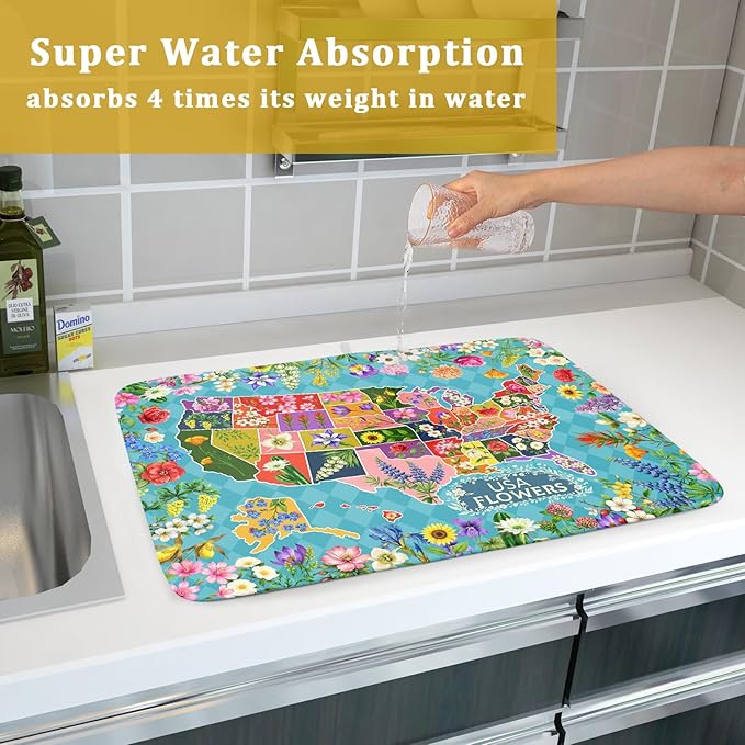 Flower Map Dish Drying Mat Colorful Floral Microfiber Large Dish Drying Pad - Image 7