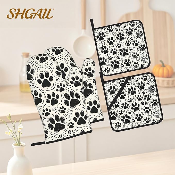 Black White Paw Oven Mitts & Potholder Set of 4 - Image 2