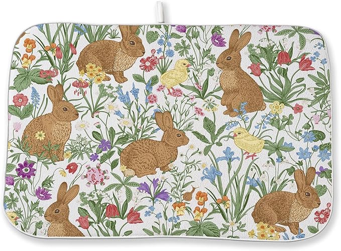 Spring Dish Drying Mat 18x24 Inch Easter Rabbit Bunny Floral Drying Mat Sage by DAFENA