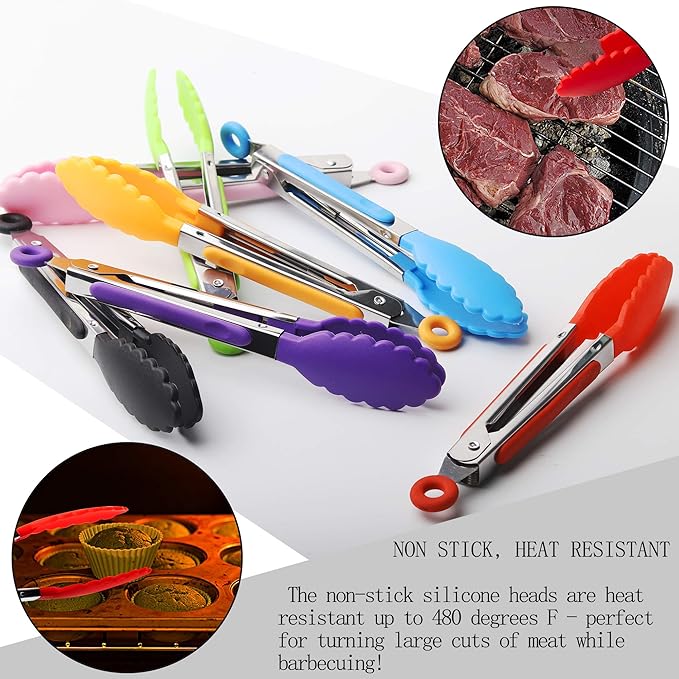 7 Pack Kitchen Tongs Set 7-Inch Color Mini Small Food Tongs - Image 2