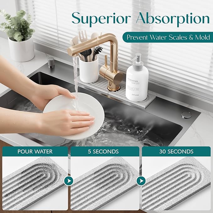 Stone Faucet Mat for Kitchen Sink, Diatomite Stone Drying Mat for Kitchen - Image 5