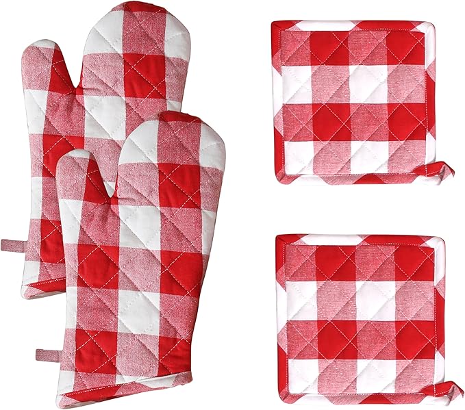 Native Fab Buffalo Plaid Check Oven Mitts and Pot Holders Set of 4, 100% Cotton by NativeFab