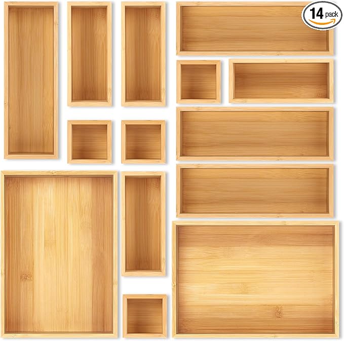 Bamboo Drawer Organizer Set, Junk Drawer Divider and Storage Trays Containers by MapleGrace