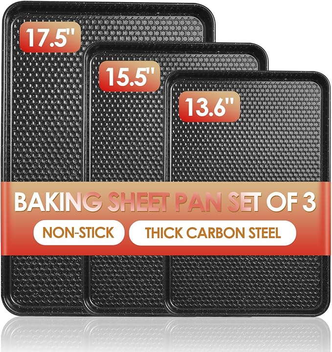 Baking Sheet Pan Set of 3, Nonstick Carbon Steel Cookie Sheets by Deedro