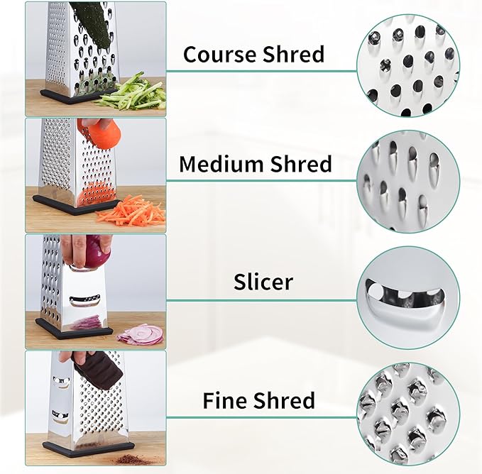 Cheese Grater with Wood Handle, Size 4-Sided Stainless Steel Box Grater - Image 3