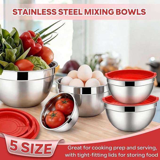 E-far Mixing Bowls With Lids Sets of 5, 10-Piece Stainless Steel Salad Metal - Image 4