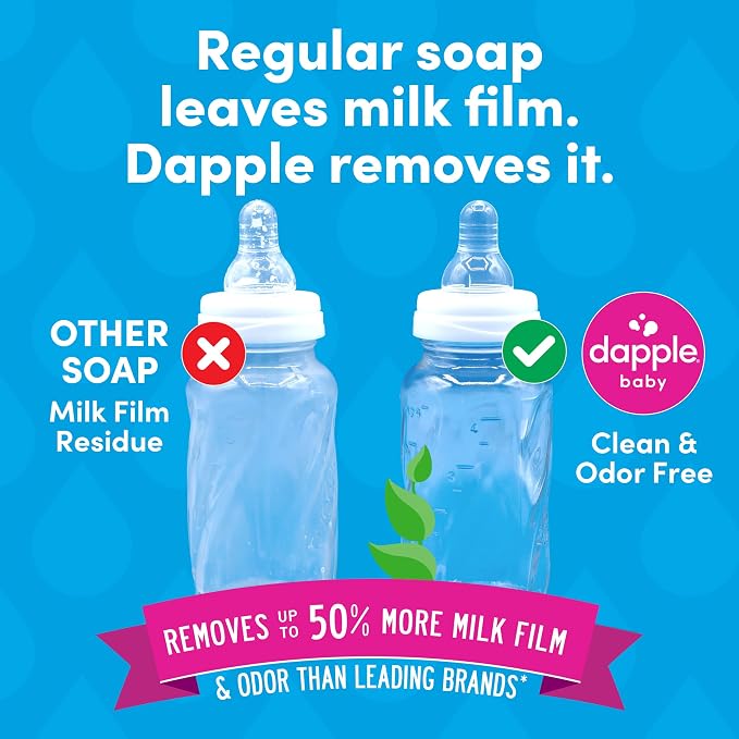 Dapple Baby Fragrance Free Bottle & Dish Soap - (3 Pack) 16.9 fl oz - Cleans Baby Bottles, Sippy Cups, Pacifiers, Breast Pumps, & More - Gently Removes Milk Film & Odors - Includes 1 Pump