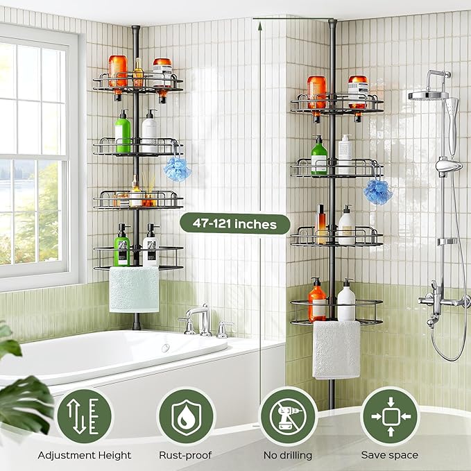 HAMITOR Corner Shower Caddy Tension Pole: 4-Tier Rust-Resistant Adjustable - Image 7