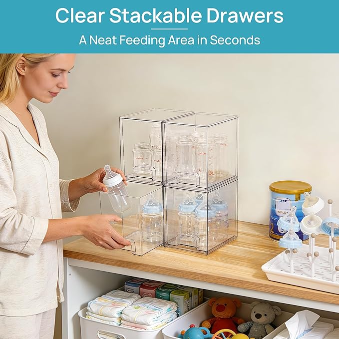 Vtopmart 7.6" H Clear Stackable Storage Drawers, 4 Pack Plastic Organizers Bins - Image 3