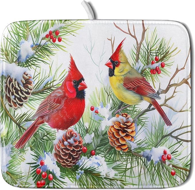 Giwawa Red Birds Dish Drying Mat, Xmas Tree Branch Holly Red Berries Dish by Giwawa