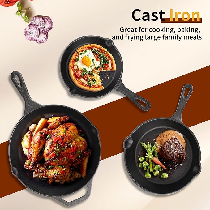 Cast Iron Skillet 3-Piece Set, Heavy-Duty Pre-Seasoned Pan Cookware Set - Image 6