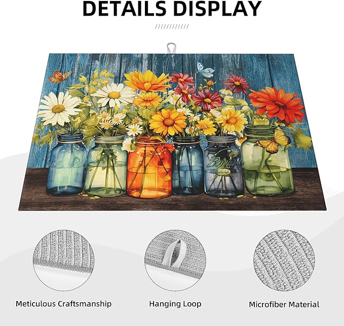 Daisy Dish Drying Mat for Kitchen Counter, Microfiber Floral Dish Mats for - Image 4