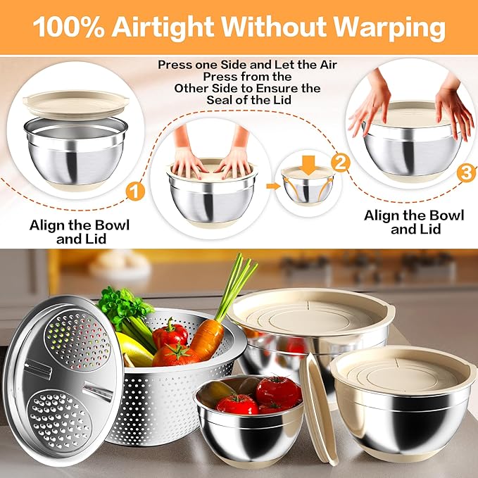 Nicdiet Mixing Bowls with Airtight Lids, Stainless Steel Mixing Bowl Set with 3 - Image 2