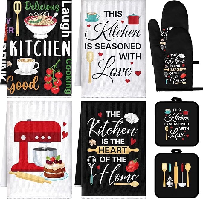 Leinuosen 8 Pcs Cuisine Kitchen Decor Accessories Set Farmhouse Towels Oven by Leinuosen