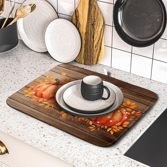 Autumn Pumpkin Dish Drying Mat Rustic Wood Dish Drainer Mats Fast Dry - Image 5