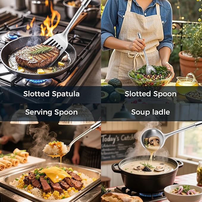 18/0 Stainless Steel Kitchen Cooking Utensil Set, Ergonomic Handle, Dishwasher - Image 4
