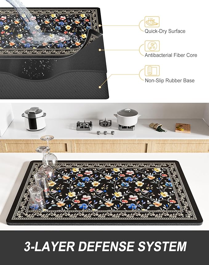 Rnivvi Dish Drying Mat for Kitchen Counter, 12 x 19" Cute Flower Theme Super - Image 4