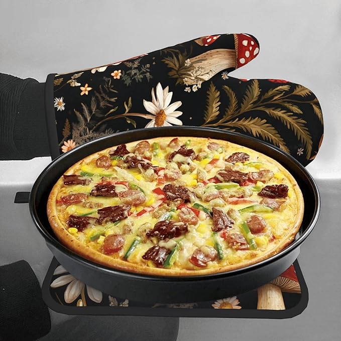 Mushroom Oven Mitt Pot Holder Set Vintage Floral BBQ Cooking Gloves - Image 7