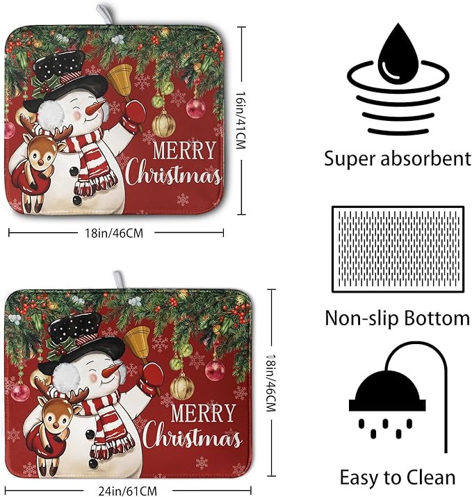 Christmas Dish Drying Mats for Kitchen Counter 16x18 Cute Snowman Red Dish - Image 2